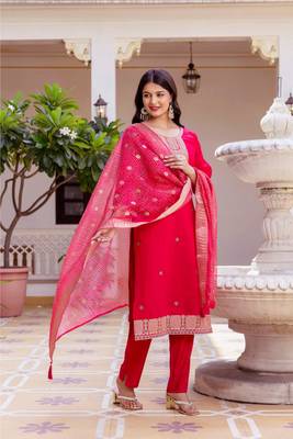 Women's Beautiful Embroidery Work Viscose Chanderi Fabric Straight Kurta Pant and Dupatta Set 3