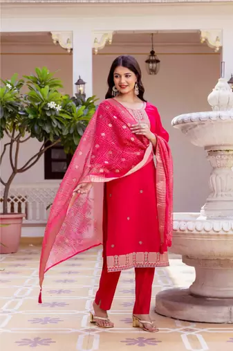 Women's Beautiful Embroidery Work Viscose Chanderi Fabric Straight Kurta Pant and Dupatta Set
