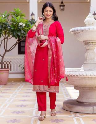 Women's Beautiful Embroidery Work Viscose Chanderi Fabric Straight Kurta Pant and Dupatta Set 5