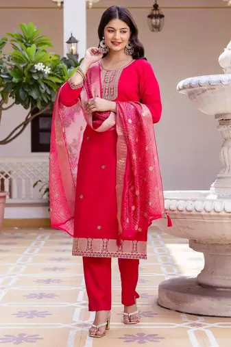 Women's Beautiful Embroidery Work Viscose Chanderi Fabric Straight Kurta Pant and Dupatta Set