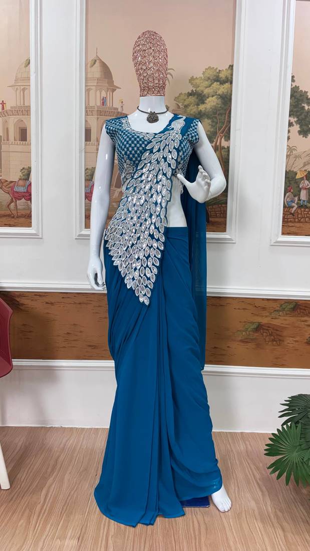 Blue Color Faux Georgette Embroidery Work Pre Stitched Saree