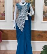 Blue Color Faux Georgette Embroidery Work Pre Stitched Saree