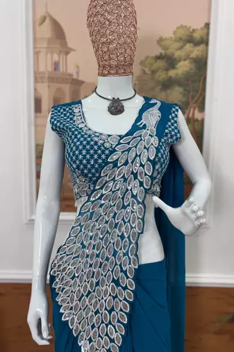 blue faux georgette embroidery work pre stitched saree