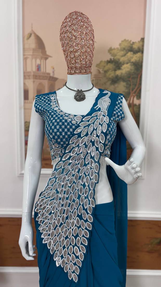 Blue Color Faux Georgette Embroidery Work Pre Stitched Saree