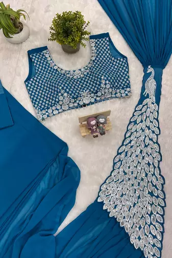 blue faux georgette embroidery work pre stitched saree