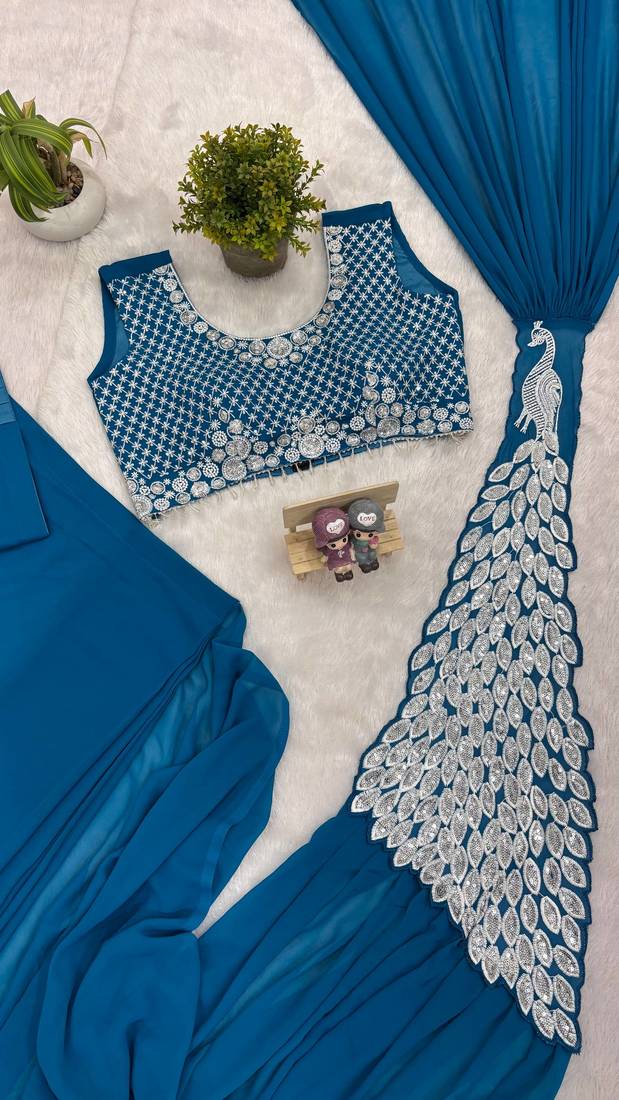 Blue Color Faux Georgette Embroidery Work Pre Stitched Saree