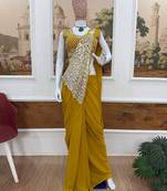 Yellow Color Faux Georgette Embroidery Work Pre Stitched Saree