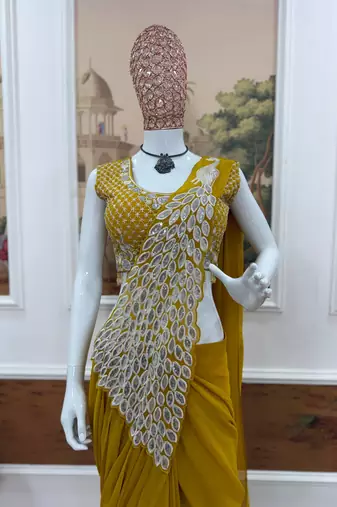 yellow faux georgette embroidery work pre stitched saree