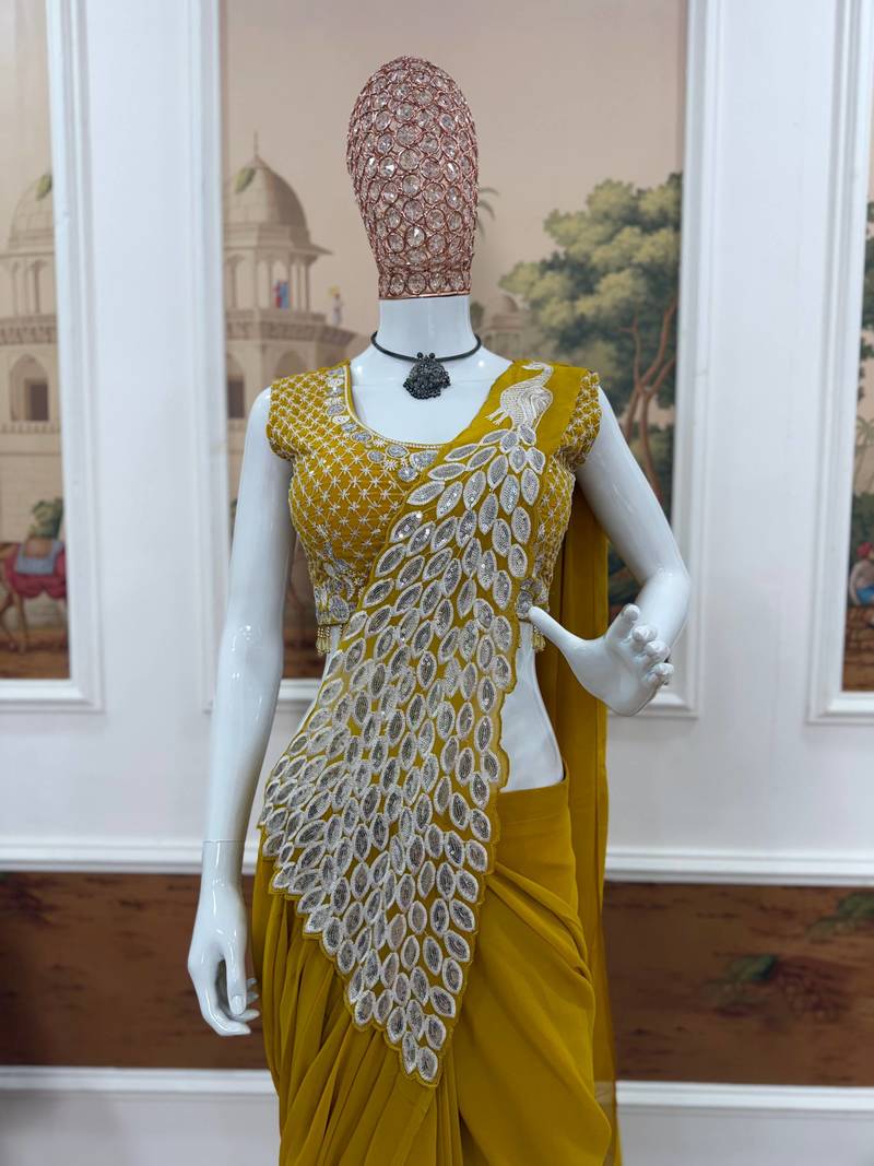 Yellow Color Faux Georgette Embroidery Work Pre Stitched Saree