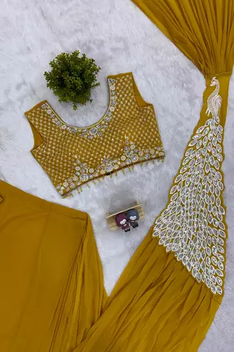 yellow faux georgette embroidery work pre stitched saree