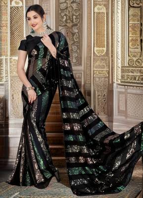 Black sequenced embriodered georgette saree with blouse piece. 1