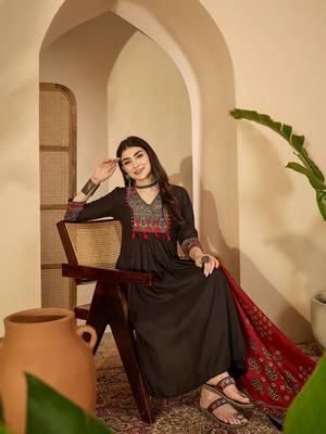 Black rayon calf length solid 3/4 sleeve v-neck flared kurta suit set 1