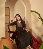 Black rayon calf length solid 3/4 sleeve v-neck flared kurta suit set