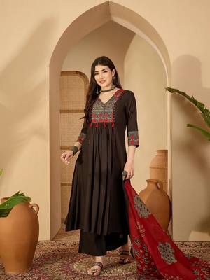 Black rayon calf length solid 3/4 sleeve v-neck flared kurta suit set 2