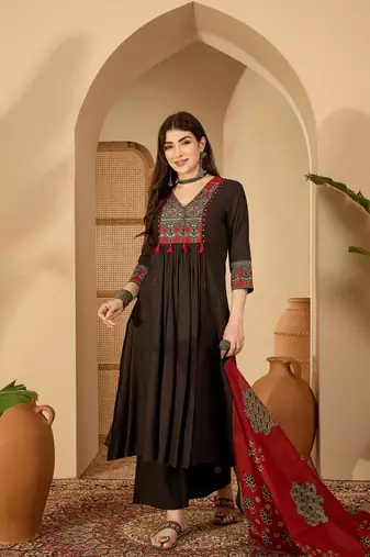 Black rayon calf length solid 3/4 sleeve v-neck flared kurta suit set