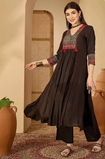 Black rayon calf length solid 3/4 sleeve v-neck flared kurta suit set