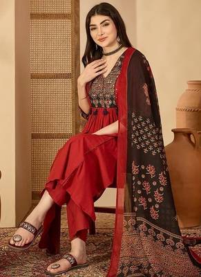 Maroon rayon calf length solid 3/4 sleeve v-neck flared kurta suit set 1