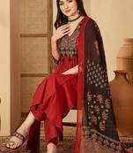 Maroon rayon calf length solid 3/4 sleeve v-neck flared kurta suit set