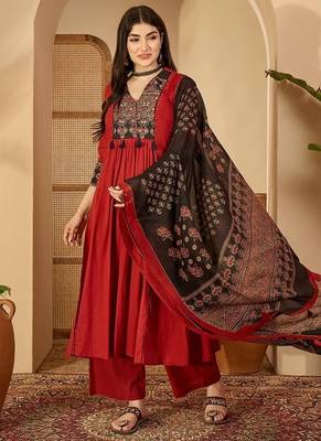 Maroon rayon calf length solid 3/4 sleeve v-neck flared kurta suit set 2