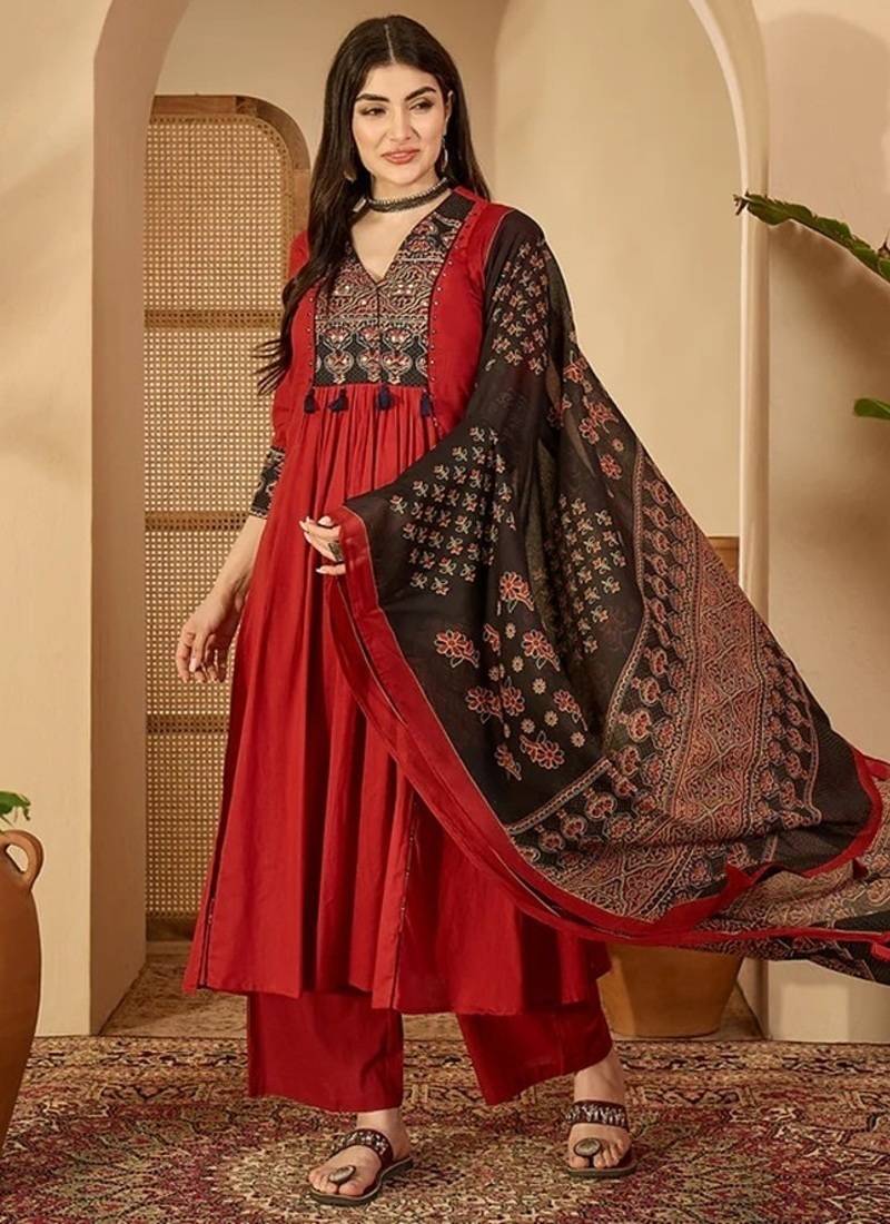 Maroon rayon calf length solid 3/4 sleeve v-neck flared kurta suit set