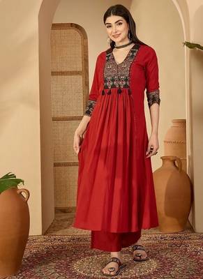 Maroon rayon calf length solid 3/4 sleeve v-neck flared kurta suit set 3