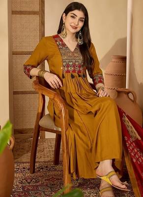 Mustard rayon calf length solid 3/4 sleeve v-neck flared kurta suit set 1