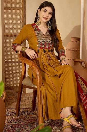 Mustard rayon calf length solid 3/4 sleeve v-neck flared kurta suit set
