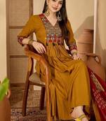 Mustard rayon calf length solid 3/4 sleeve v-neck flared kurta suit set