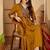 Mustard rayon calf length solid 3/4 sleeve v-neck flared kurta suit set