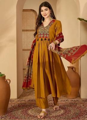 Mustard rayon calf length solid 3/4 sleeve v-neck flared kurta suit set 2
