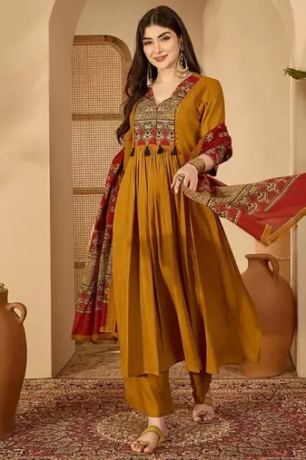 Mustard rayon calf length solid 3/4 sleeve v-neck flared kurta suit set