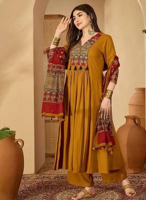 Mustard rayon calf length solid 3/4 sleeve v-neck flared kurta suit set 3