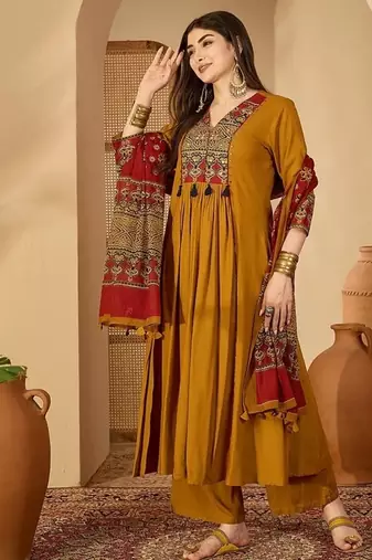 Mustard rayon calf length solid 3/4 sleeve v-neck flared kurta suit set