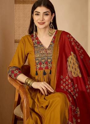 Mustard rayon calf length solid 3/4 sleeve v-neck flared kurta suit set 4