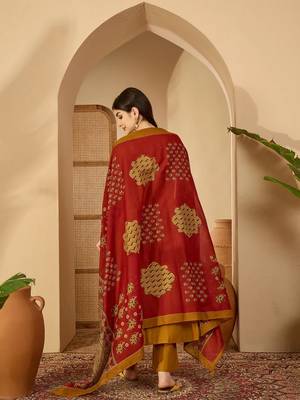 Mustard rayon calf length solid 3/4 sleeve v-neck flared kurta suit set 5