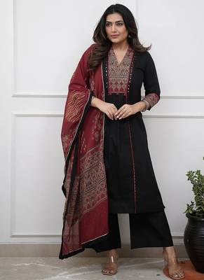 Black rayon calf length solid 3/4 sleeve v-neck flared kurta suit set 1