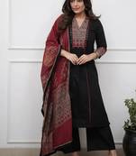 Black rayon calf length solid 3/4 sleeve v-neck flared kurta suit set