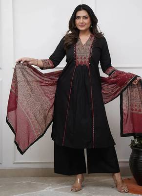 Black rayon calf length solid 3/4 sleeve v-neck flared kurta suit set 3