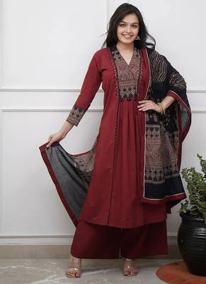 Maroon rayon calf length solid 3/4 sleeve v-neck flared kurta suit set 1