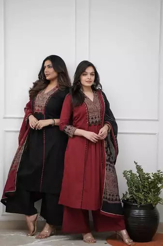 Maroon rayon calf length solid 3/4 sleeve v-neck flared kurta suit set