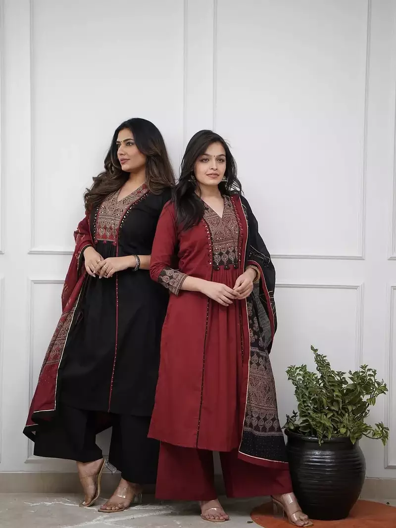 Maroon rayon calf length solid 3/4 sleeve v-neck flared kurta suit set