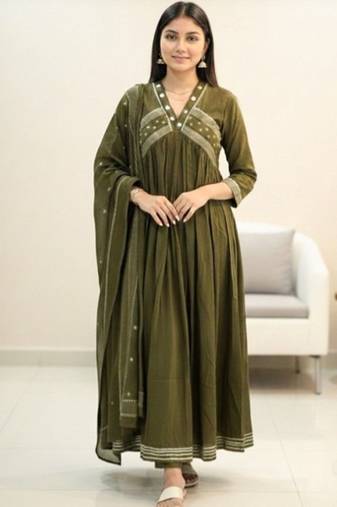 Beautiful green gorgeous mul cotton real mirror work suit set