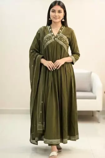 Beautiful green gorgeous mul cotton real mirror work suit set
