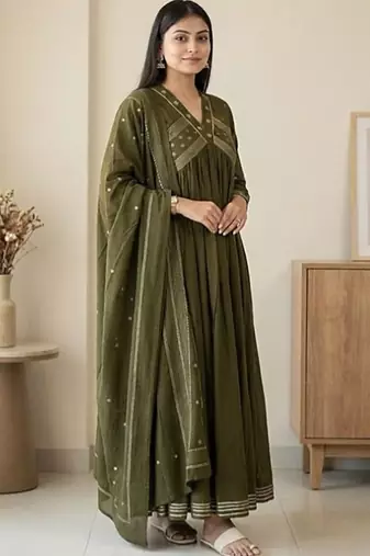 Beautiful green gorgeous mul cotton real mirror work suit set
