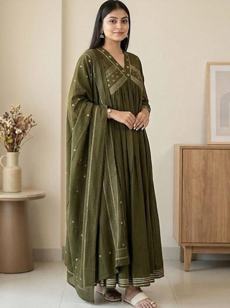 Beautiful green gorgeous mul cotton real mirror work suit set