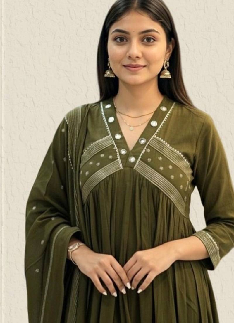Beautiful green gorgeous mul cotton real mirror work suit set