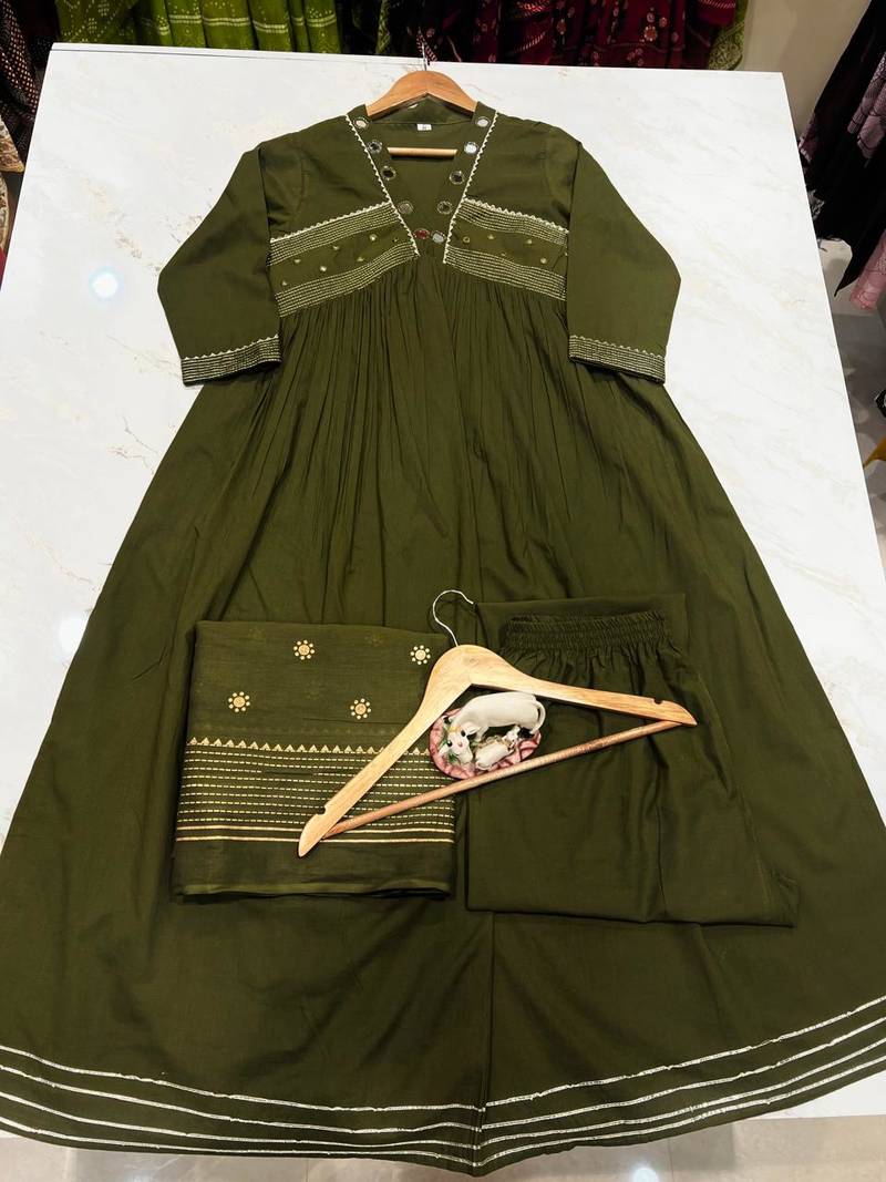 Beautiful green gorgeous mul cotton real mirror work suit set