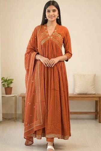 Beautiful orange gorgeous mul cotton real mirror work suit set