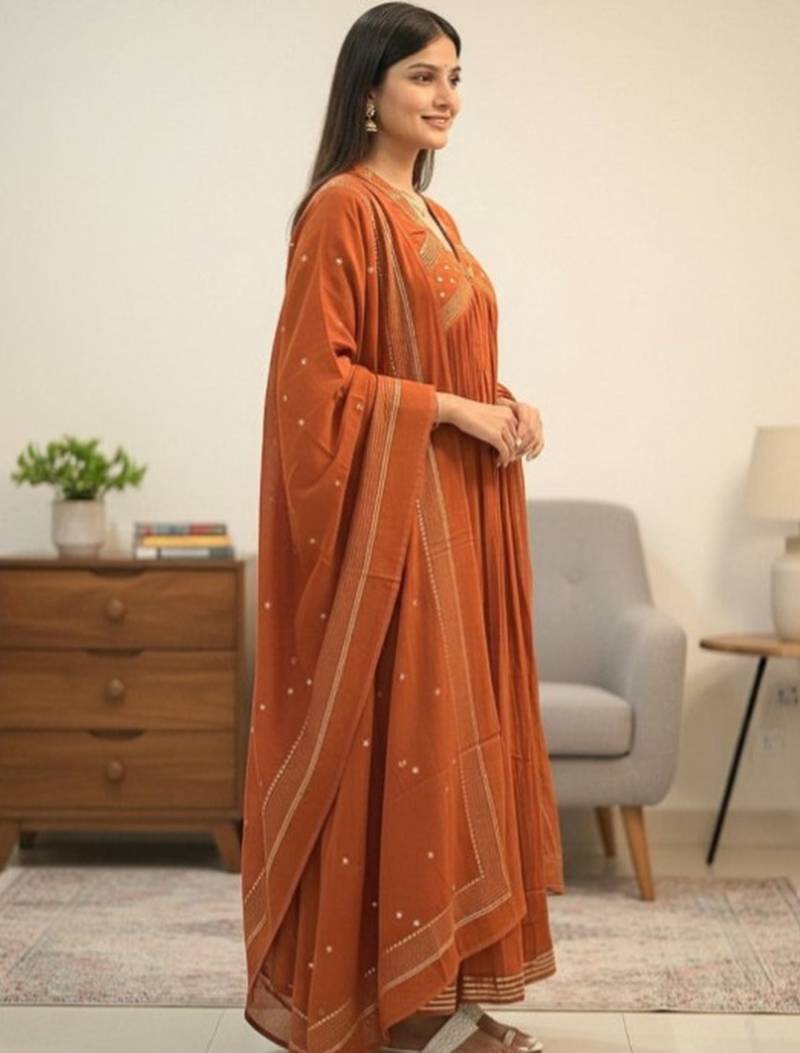 Beautiful orange gorgeous mul cotton real mirror work suit set