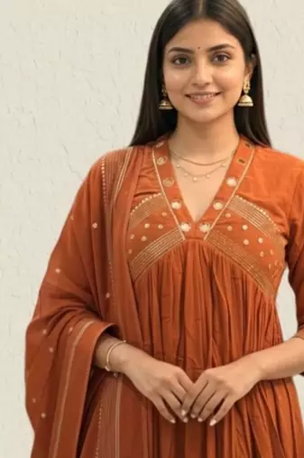 Beautiful orange gorgeous mul cotton real mirror work suit set